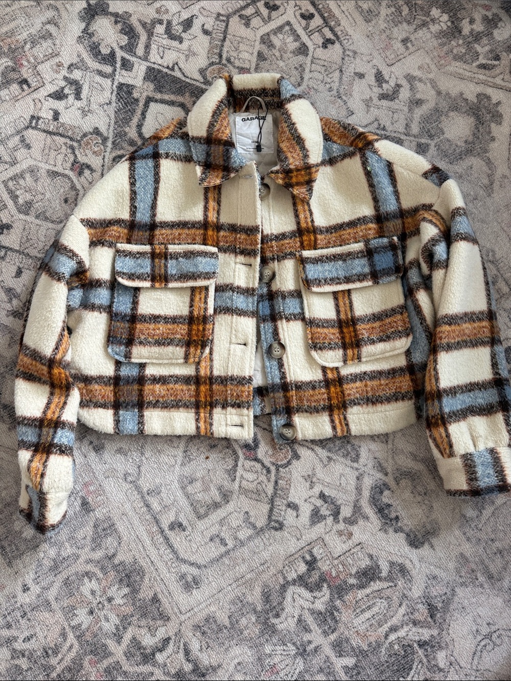 Garage Cream Plaid Teddy Jacket with Brown and Light Blue Stripes
